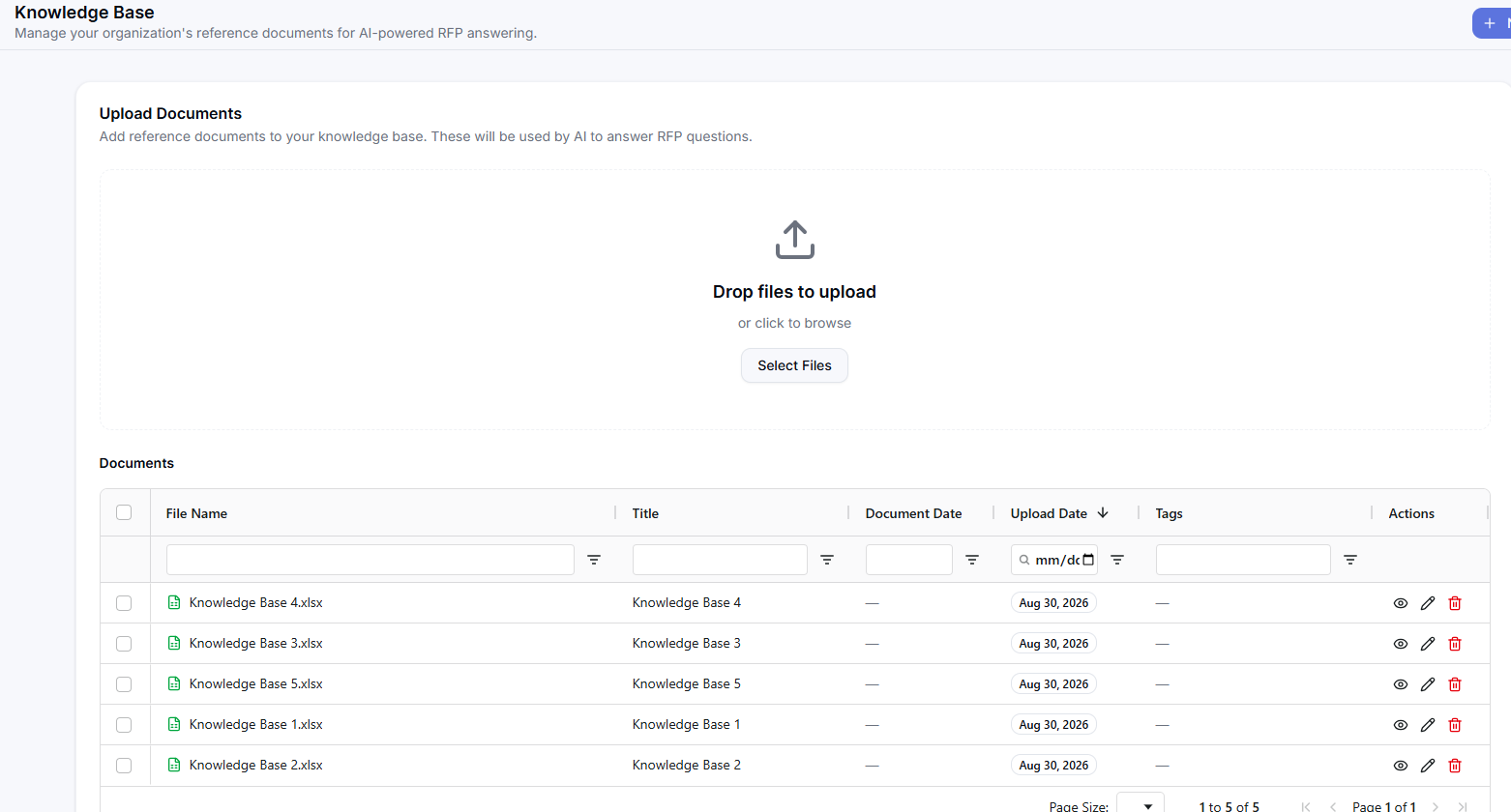 RFP Pilot Knowledge Base screen — upload area and a list of the firm's reference documents used to ground answers.