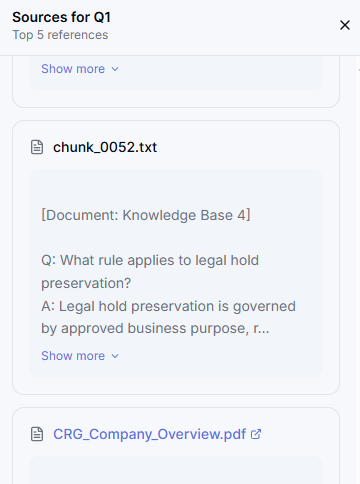 RFP Pilot Sources panel listing the knowledge-base documents each answer is grounded in, with an excerpt from each.